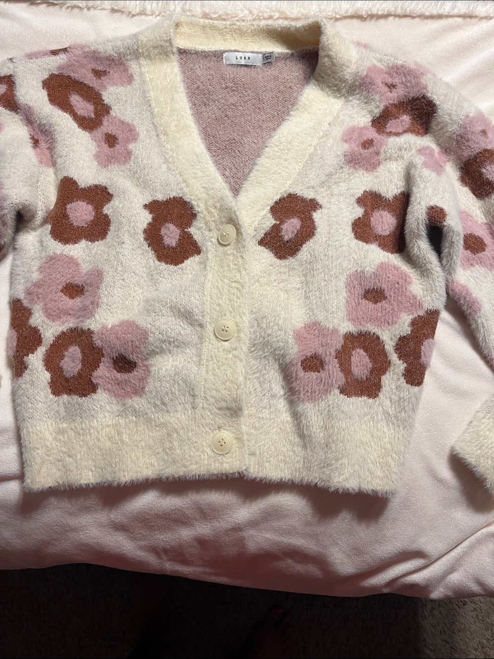LUSH Cream Cardigan with Pink and Brown Floral Pattern